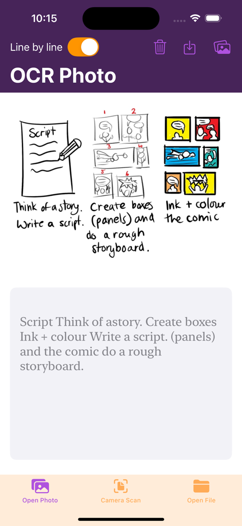 Scanner Pro OCRアプリのインターフェースが、手書きのストーリーボードの描画からテキストを抽出している様子