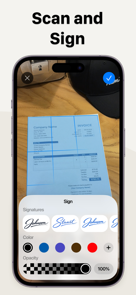 Signature: Fill and Sign PDF - An iPhone screen displaying the scan and sign feature where a digital signature is being applied to a scanned invoice.