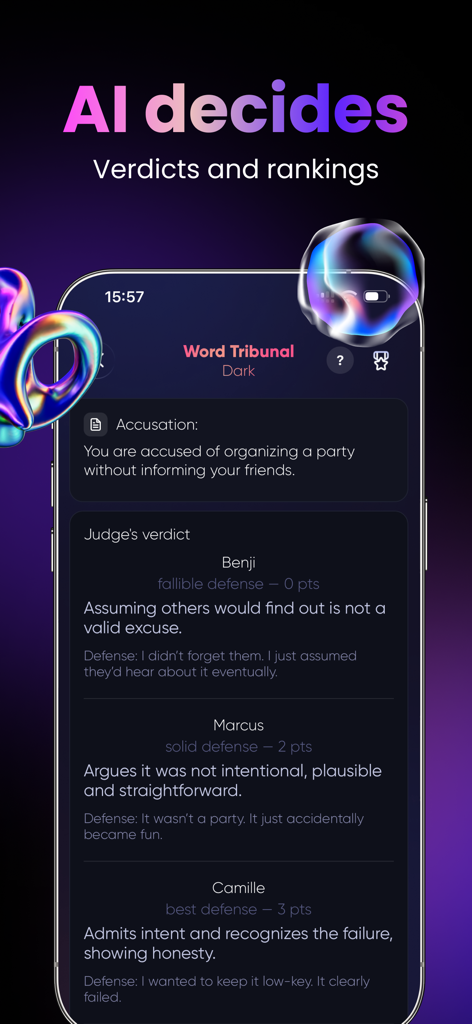 Sombre soirée - Party Games - Screenshot of the Word Tribunal game mode in Sombre soiree where AI judges player defenses