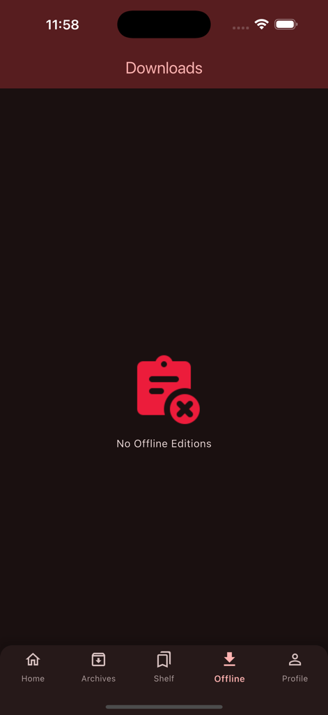 The Standard Digital e-Paper - The Standard Digital e-Paperアプリのインターフェース。空のオフラインダウンロードセクションが表示されています。