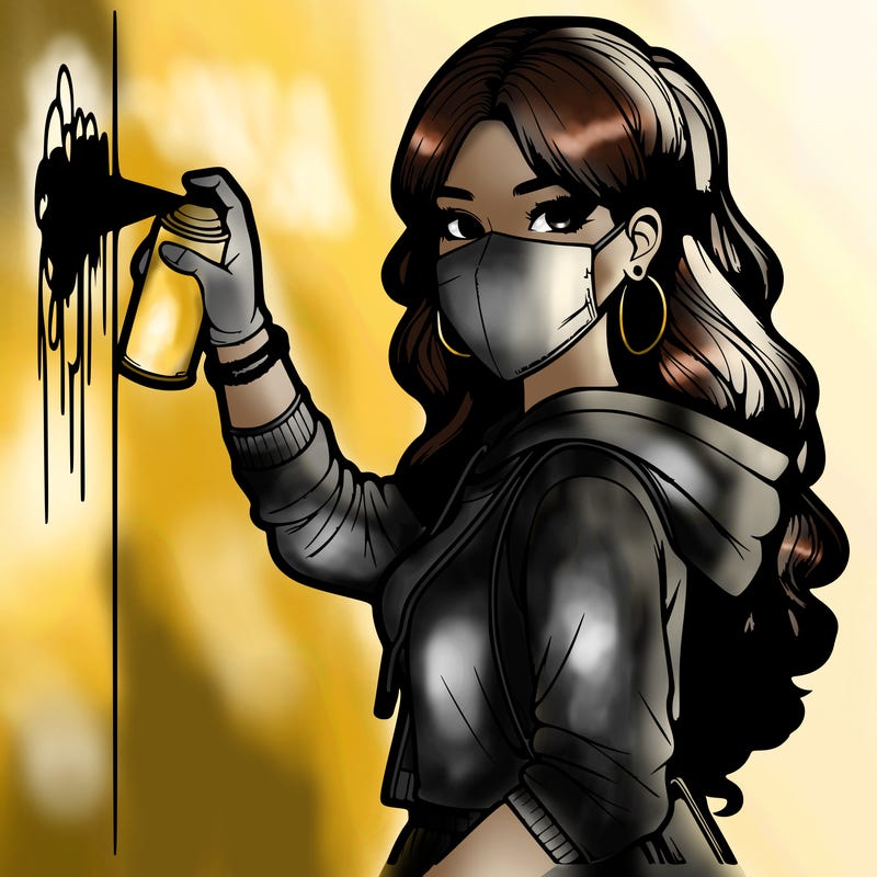 realistic girl with mask spray painting a wall