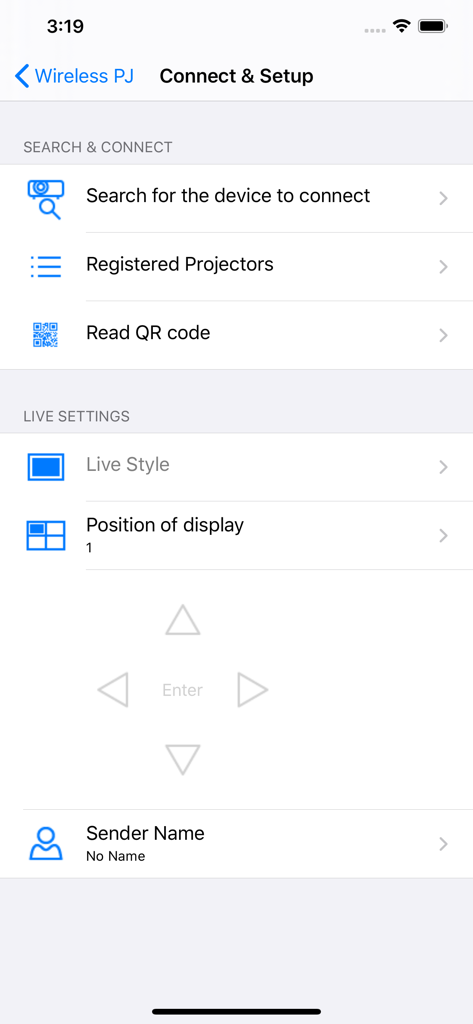 Panasonic Wireless Projector - The connect and setup screen of the Panasonic Wireless Projector app showing options to search for devices and read QR codes.
