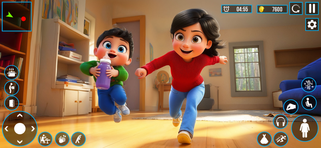 Mother Life Simulator Mom Game - Una madre e hijo animados en 3D corriendo felices por una sala de estar con varios iconos de control del juego visibles.