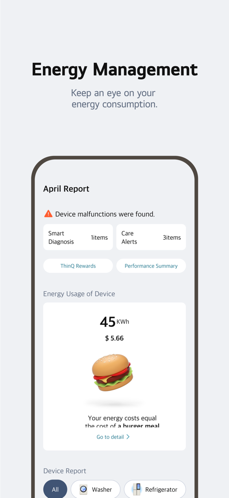 LG ThinQ 앱의 인터페이스로 에너지 사용량 보고서 및 비용 분석을 보여줍니다.