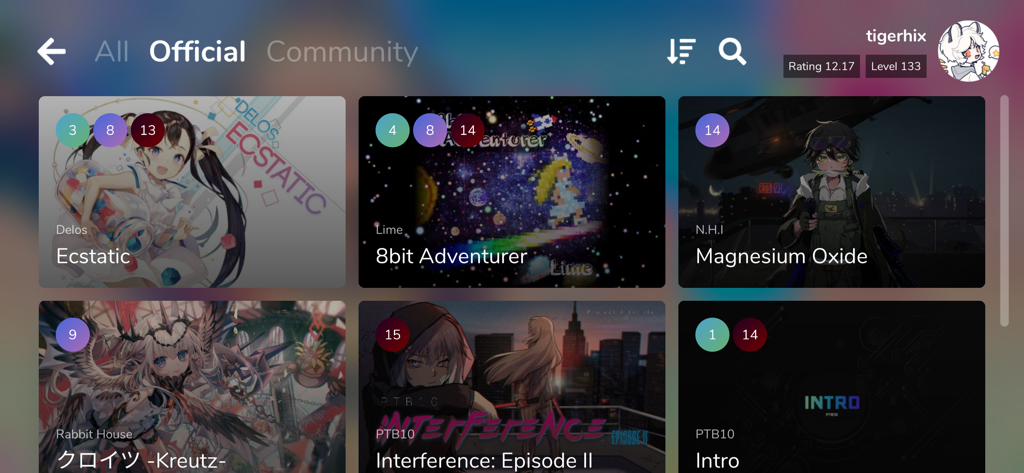 애니메이션 스타일 커버 아트와 난이도 수준이 있는 여러 트랙을 보여주는 Cytoid 리듬 게임의 공식 곡 선택 화면.
