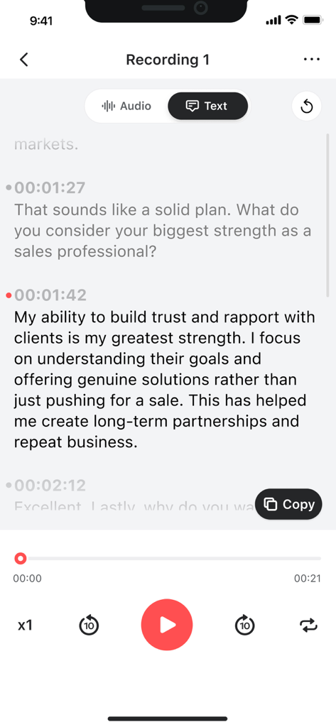 Voice Recorder — Audio Memos - Mobile app interface showing a text transcription of a recorded interview with timestamps and playback controls