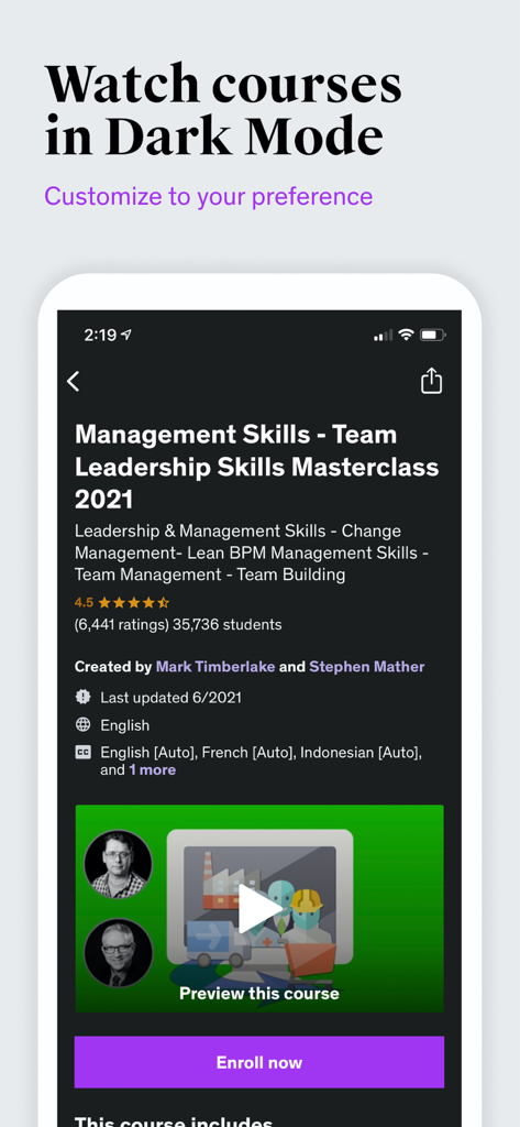 Udemy Business - Udemy Business App-Oberfläche, die einen Kurs zu Managementfähigkeiten im Dark Mode anzeigt