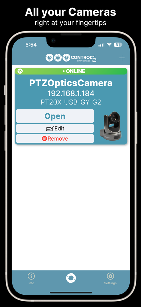 PTZControl Pro 2 by PTZOptics™ - A screenshot of the PTZControl Pro 2 app showing a list of connected PTZOptics cameras with an online status indicator and camera management options.