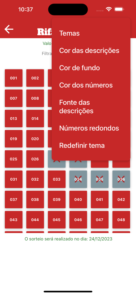 Rifa Fácil - Rifa Facil app interface showing raffle ticket management and theme customization options