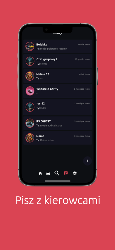 Messaging interface of the Carify app showing a list of active chats between car enthusiasts