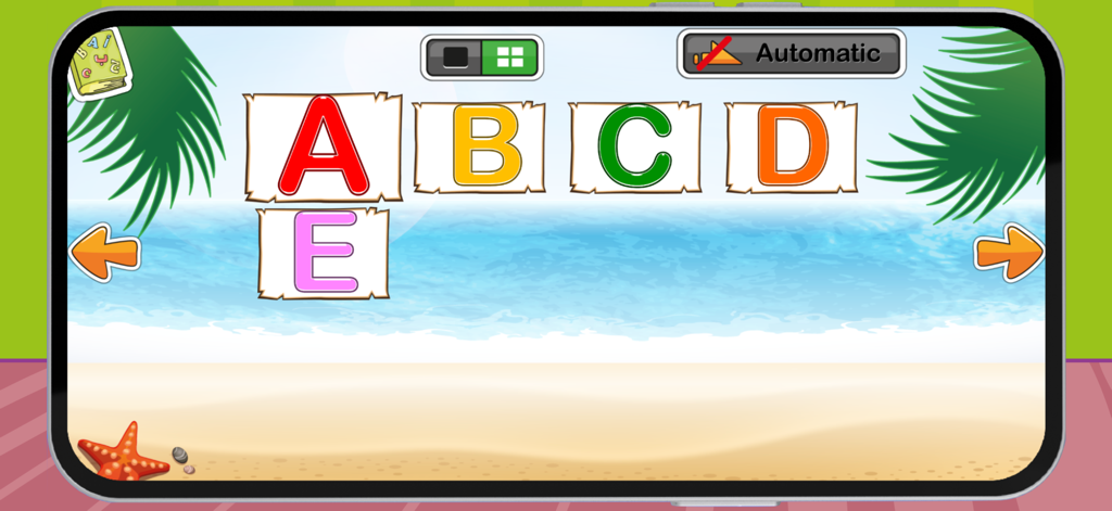 Letras ABC en un fondo de isla de playa para aprender inglés
