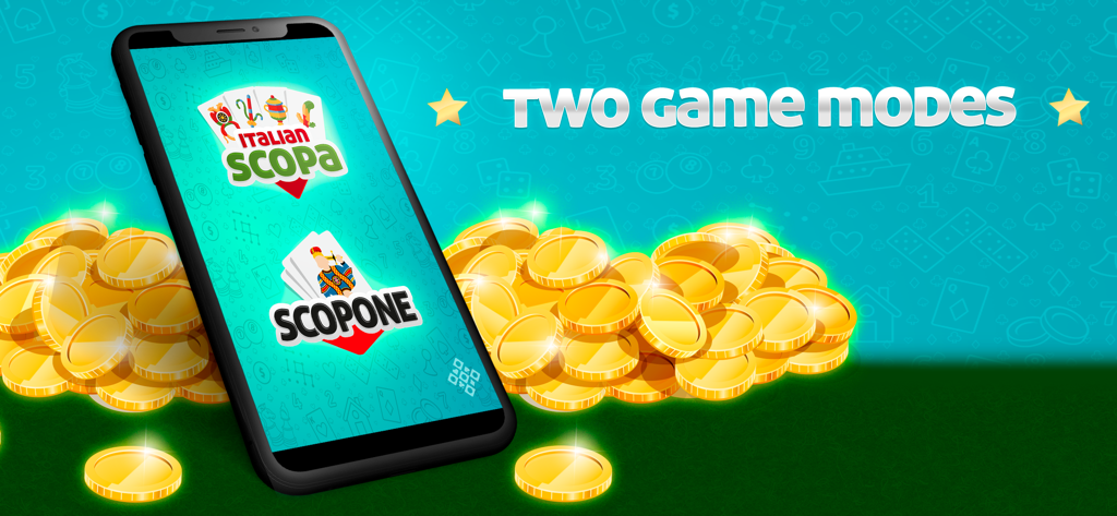 Un telefono cellulare che mostra il menu di selezione delle modalità di gioco italiane Scopa e Scopone, circondato da monete d'oro.
