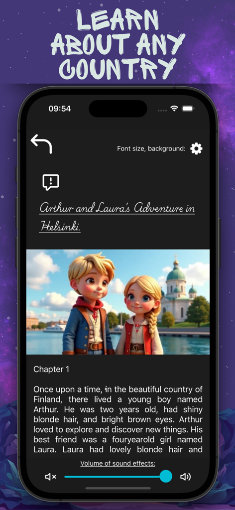 Bedtime AI Story Creator. - Screenshot of the RocketTales app showing a personalized AI story about an adventure in Helsinki Finland