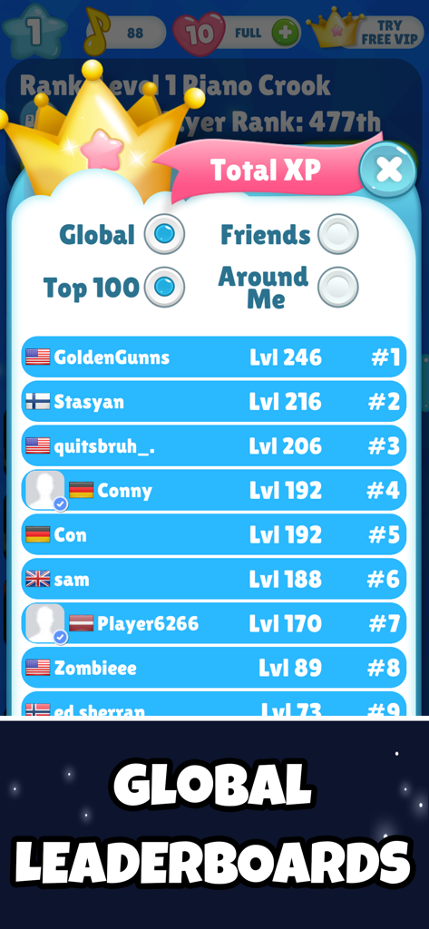 Piano Ninja: Music Game - Global leaderboard showing top player rankings and levels in Piano Ninja music game