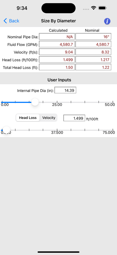 HVAC Pipe Sizer - Liquid - HVAC pipe sizer app interface showing calculated and nominal pipe diameter results with user input sliders