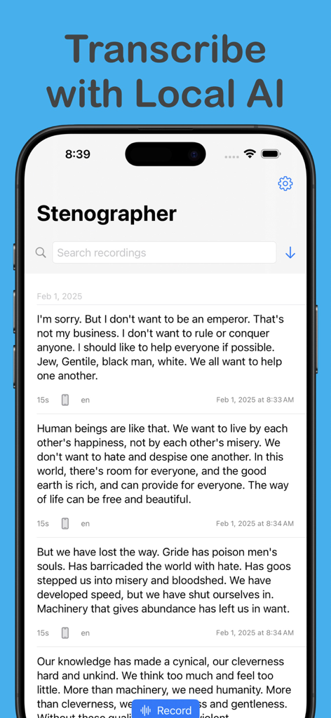 Stenographer - Die Benutzeroberfläche der Stenograf-App auf einem iPhone, die eine Liste von Texten anzeigt, die mit lokaler KI transkribiert wurden