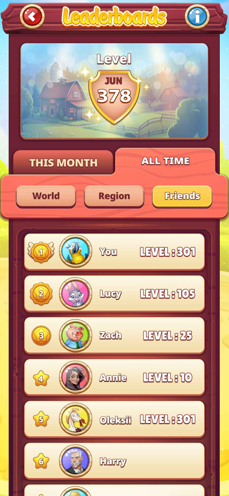 Word Farm Adventure - Word Farm Adventure friends leaderboard showing player levels and rankings.