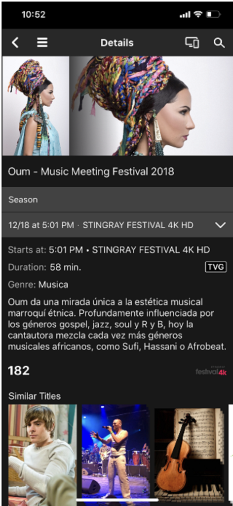 Details screen of the Entel Tv Bolivia app showing a music festival program and recommended titles