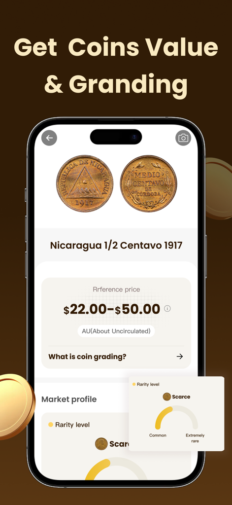 CoinSense: Coin Identifier - Captura de tela do iPhone do aplicativo CoinSense mostrando o valor de mercado estimado e o nível de raridade para uma moeda nicaraguense de 1917.
