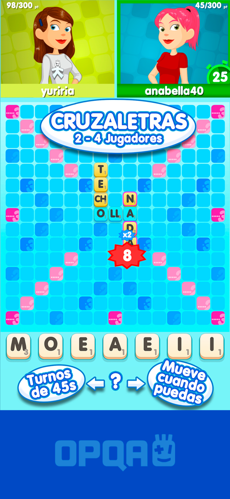 Interface du jeu de mots Cruzaletras sur l'application OPQA, avec deux avatars de joueurs et une grille de mots croisés.