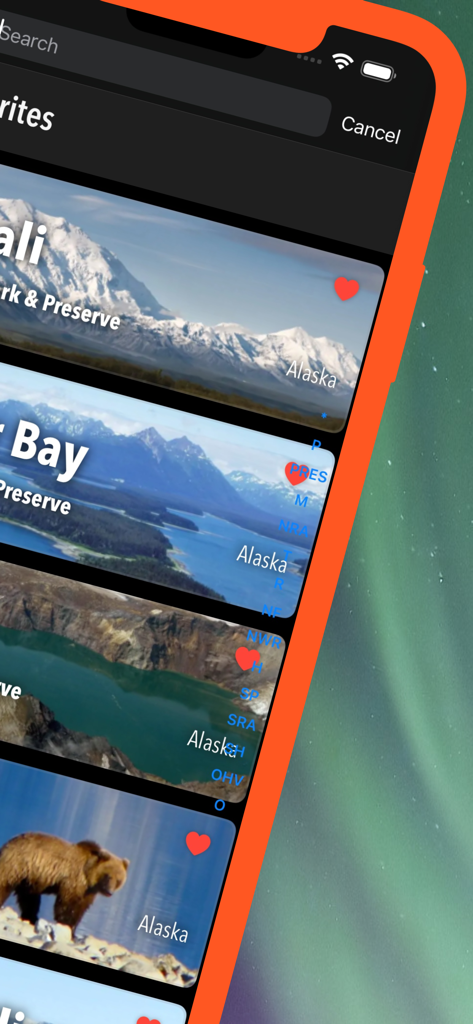 Alaska Pocket Maps - Favorites screen of the Alaska Pocket Maps app featuring saved national parks like Denali and Glacier Bay