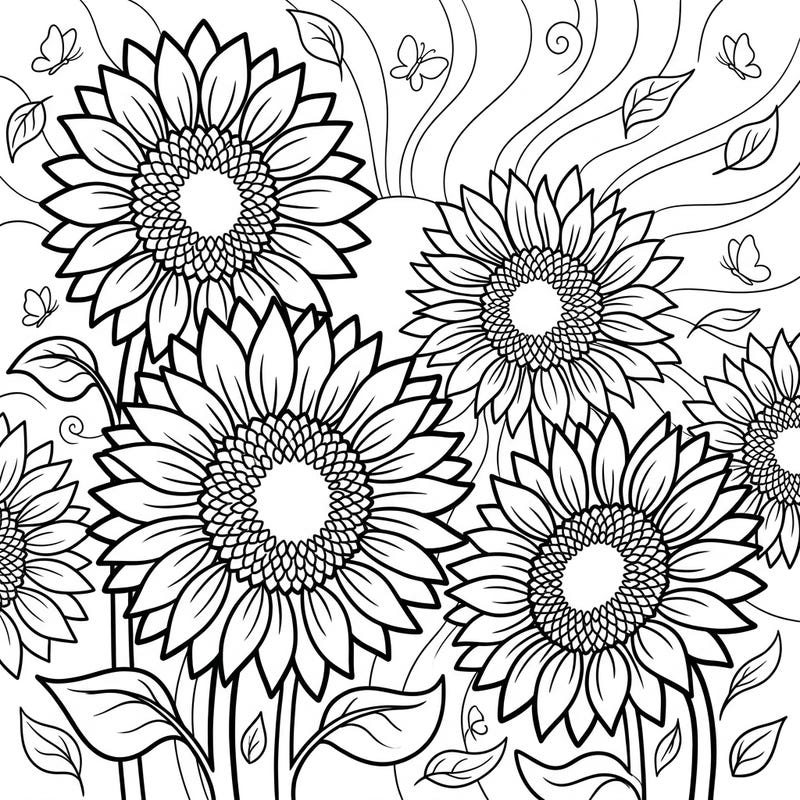 Dive into a field of radiant sunflowers with this engaging coloring page designed especially for kids. Featuring bold outlines and playful butterflies, it's perfect for young artists to express their creativity.