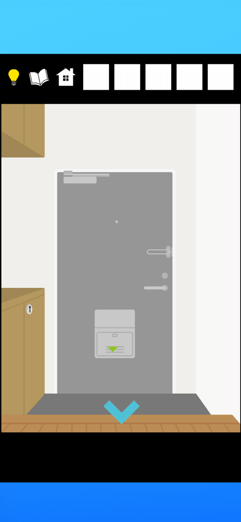 Minimalist escape game scene featuring a grey door and inventory slots