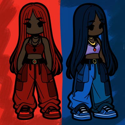 girl in baggy pants crop top and long hair