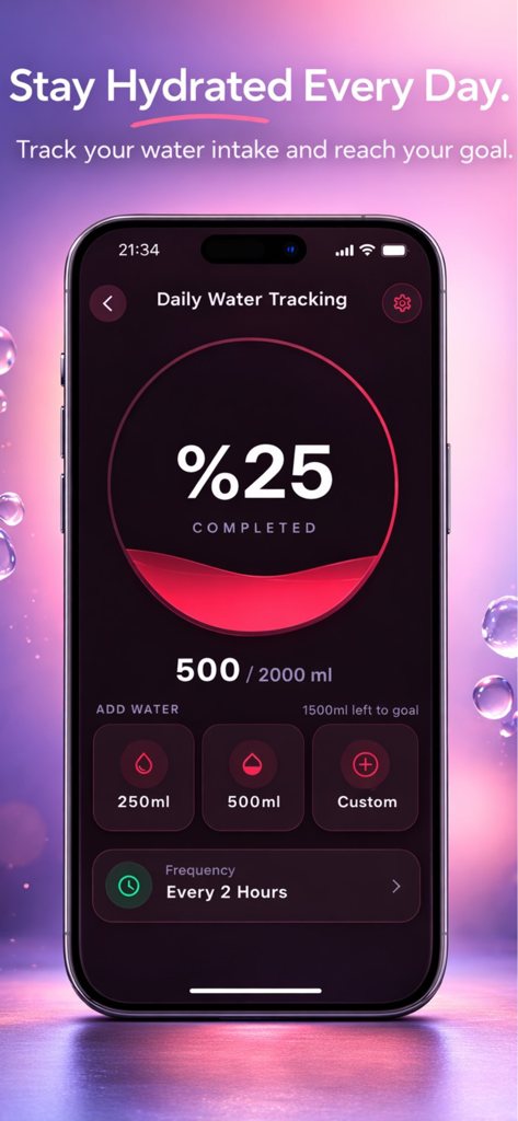 HerPhase – Period Tracker - Pantalla de seguimiento diario de agua con barra de progreso circular y objetivos de hidratación