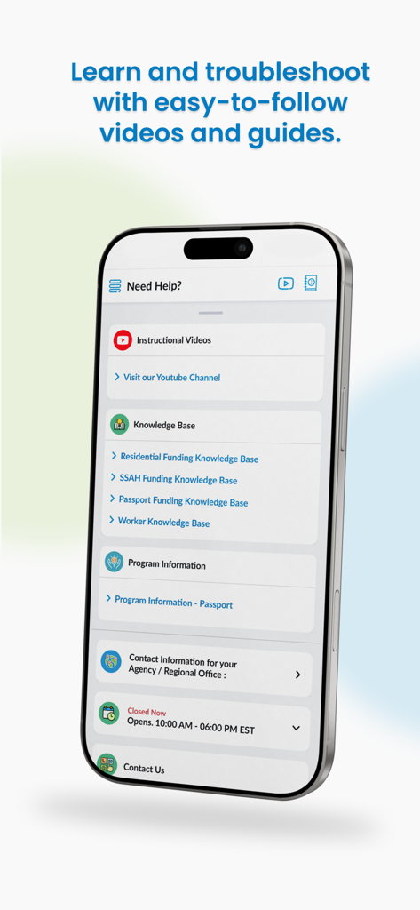MyDirectPlan - MyDirectPlanアプリのヘルプ画面。説明ビデオと資金に関する知識ベースガイドが表示されます。