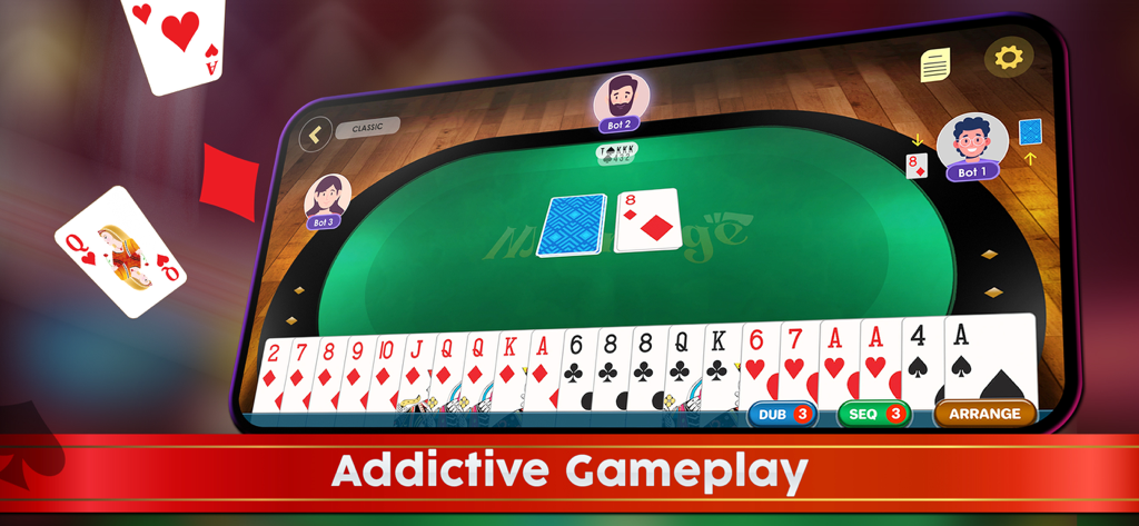 Marriage Cards Game - Interface of the Marriage card game showing a 21-card hand on a green digital table against AI bots