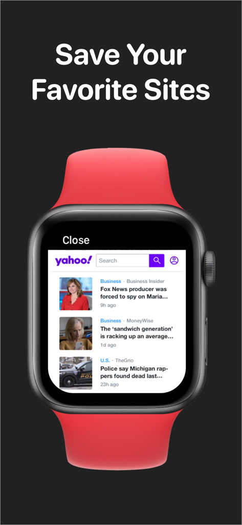 UBrowser: Watch Web Browser - An Apple Watch with a red band displaying the Yahoo news website using the UBrowser app.