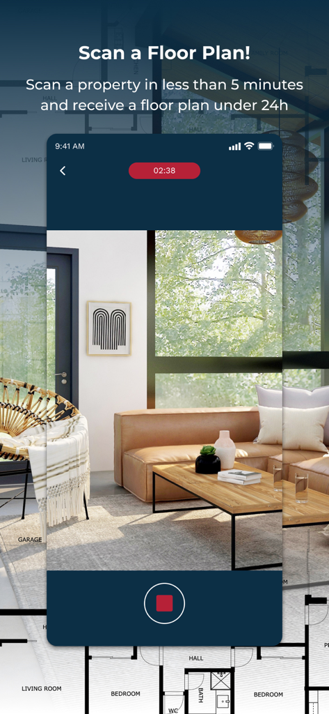 CubiCasa | 2D & 3D Floor Plans - Smartphone app interface scanning a modern living room to generate a professional floor plan