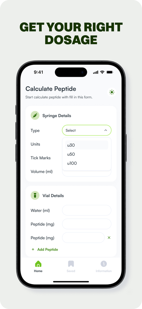 Peptide Calculator App - Interfaz de la app Calculadora de Péptidos para selección de dosis y jeringa