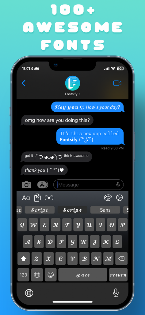 Custom Keyboard Fonts Fontsify - Teclado personalizado que muestra varios estilos de fuente y kaomojis en una conversación de mensajes de texto