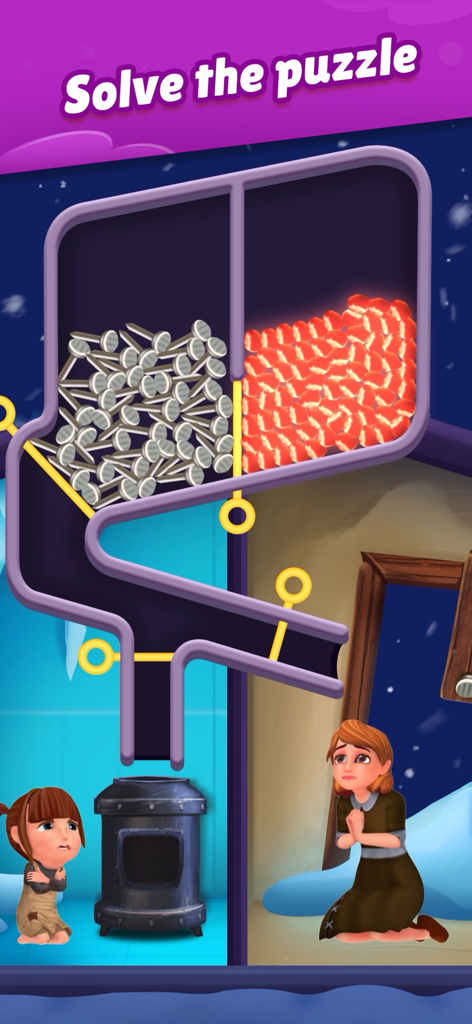 Home Pin 3: Homeless Adventure - A pull the pin logic puzzle screenshot showing characters in a cold room needing charcoal for warmth