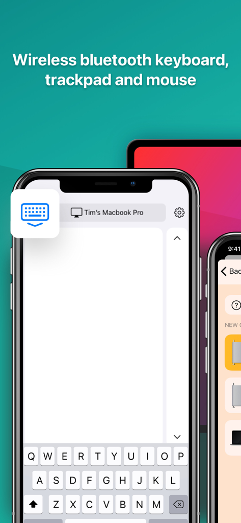 Computer Mouse: Remote Control - iPhone che mostra un'interfaccia di tastiera e telecomando wireless per un MacBook Pro