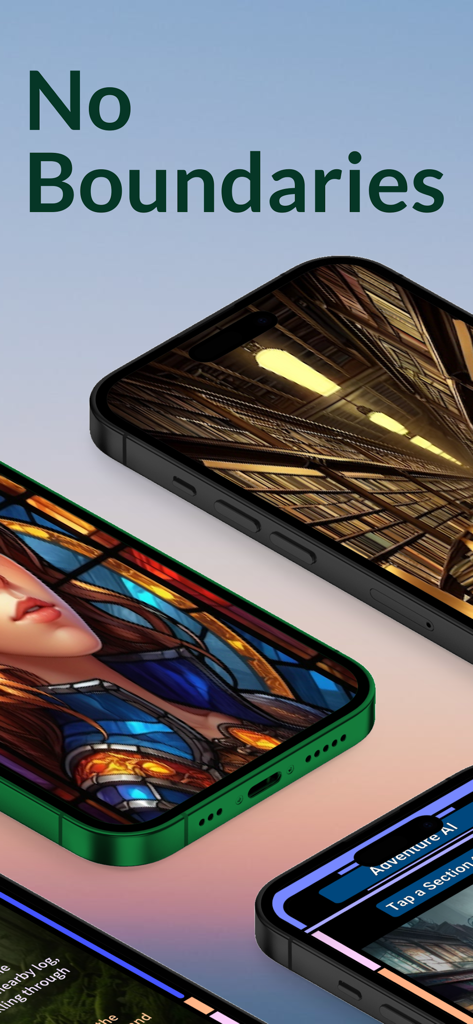 Tre iPhone che mostrano diverse scene di storie e interfacce IA dall'app IF Interactive Fiction Stories con il testo Nessun limite.