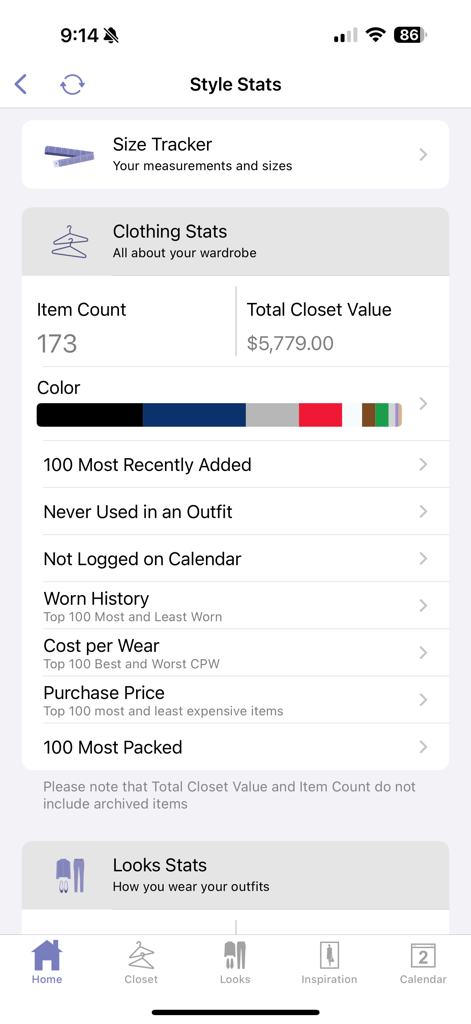 Stylebook - Um painel da tela de Estatísticas de Estilo do aplicativo Stylebook mostrando análises do guarda-roupa, como contagem de itens e valor total do closet.