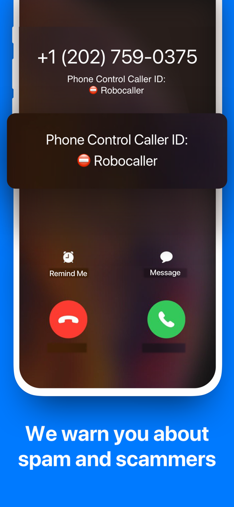 Spam Call Blocker + Caller ID - Interfaz de smartphone que identifica a un robocaller entrante con una alerta de advertencia de spam
