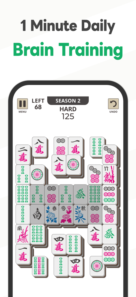 Mahjong Solitaire 1000+ Levels - Una pantalla de juego de Mahjong Solitario con fichas tradicionales y un titular que promueve el entrenamiento cerebral diario.