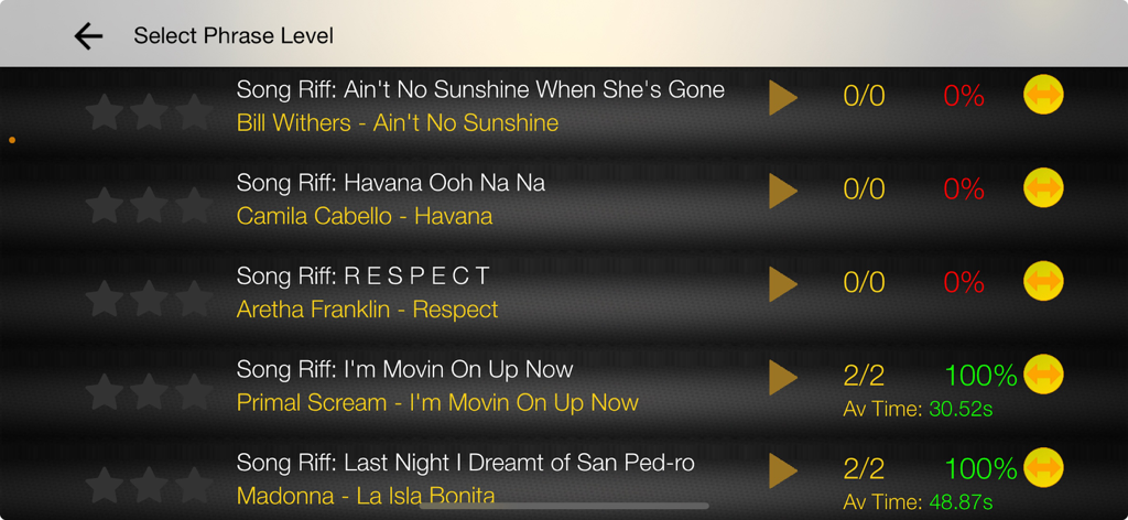 Voice Training Pro - Interface of the Voice Training Pro app showing a list of song riffs for singing practice including Havana and Respect.