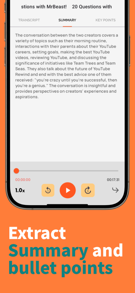 音声認識アプリのAI生成ビデオ要約画面。要約されたコンテンツと再生コントロールが表示されています。