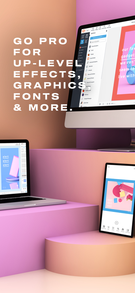 Logiciel de conception graphique PicMonkey affiché sur un ordinateur de bureau, un ordinateur portable et un smartphone montrant la synchronisation entre appareils.