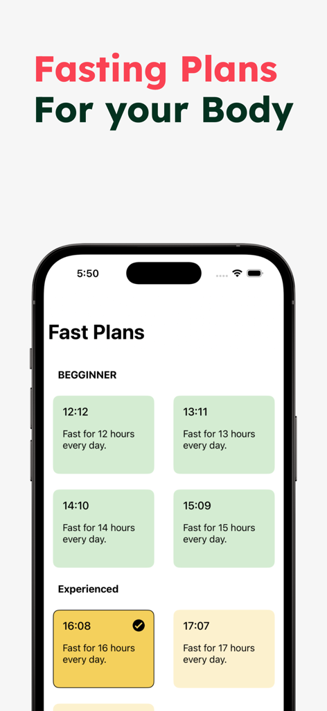 Easy Fast - Fasting Tracker - Écran de l'application Easy Fast montrant divers plans de jeûne intermittent pour les utilisateurs débutants et expérimentés