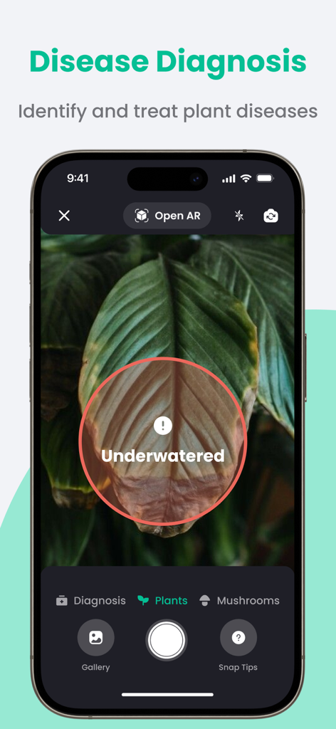 PlantIn: Plant Identifier・Care - PlantIn app interface showing disease diagnosis of an underwatered plant leaf