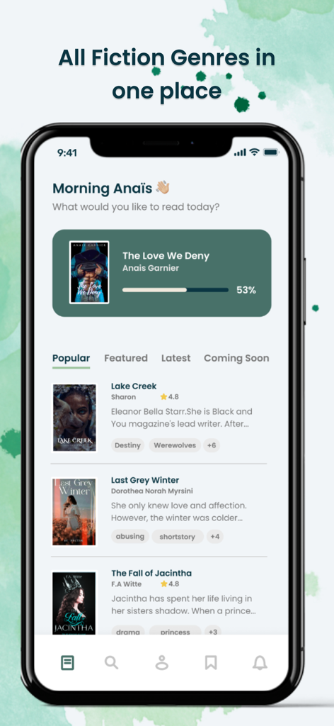WeInk - A smartphone displaying the WeInk app interface with a list of popular fiction stories and reading progress