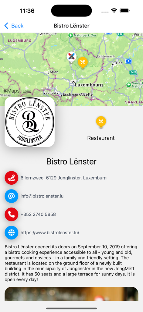 LETSBIKE - Pagina dei dettagli per il Bistro Lënster nell'app LETSBIKE che mostra una mappa della posizione, informazioni di contatto e descrizione del ristorante.