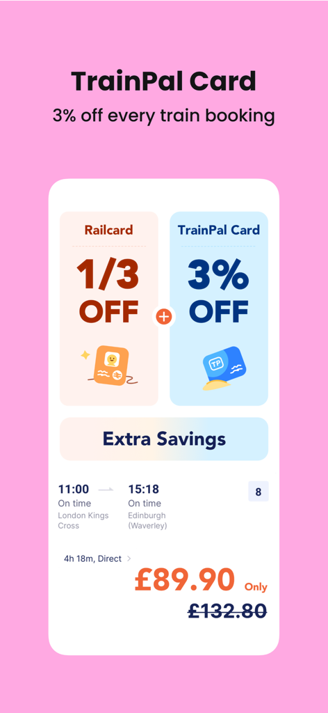 TrainPal: UK& EU train tickets - Screenshot of TrainPal app showing how to combine Railcard and TrainPal Card for maximum train ticket discounts