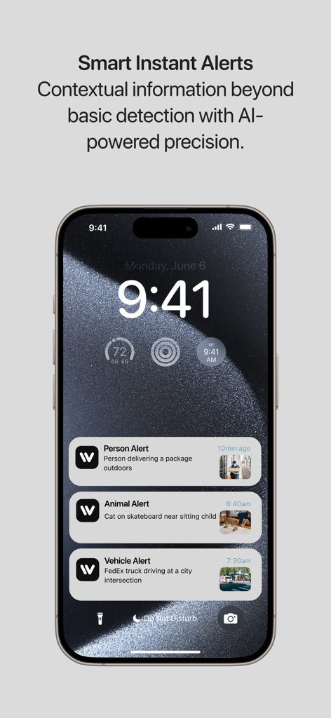 InstaVision: Smart & Safe Home - Aplicación InstaVision que muestra alertas de seguridad impulsadas por IA para personas, animales y vehículos en un iPhone